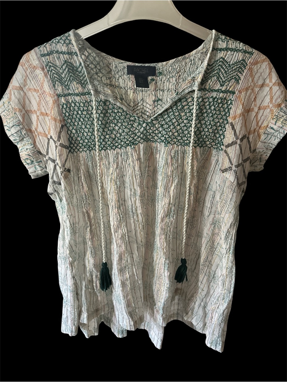 RACHEL Rachel Roy Green & Cream Embroidered Tassel Short Sleeve Top